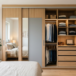 Jasa furniture custom pembuatan lemari pakaian minimalis modern built-in dengan pintu geser.
