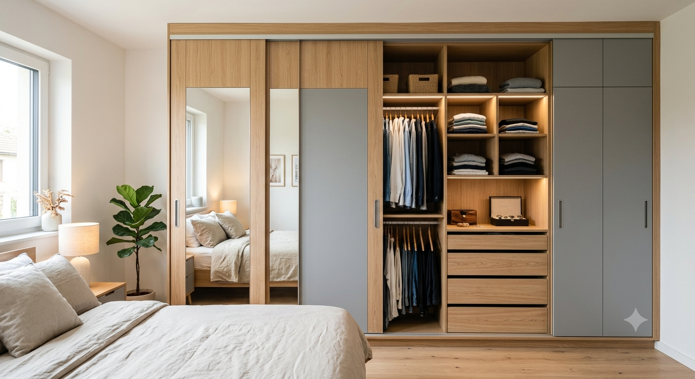 Jasa furniture custom pembuatan lemari pakaian minimalis modern built-in dengan pintu geser.